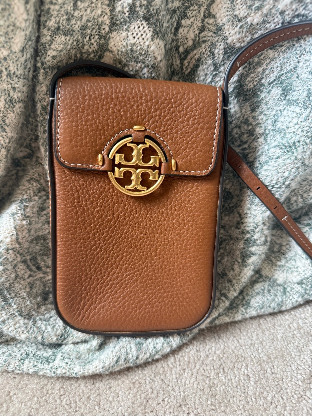 Tory Burch Small Miller Pebbled Leather Crossbody in Saddle Brown with Gold Logo